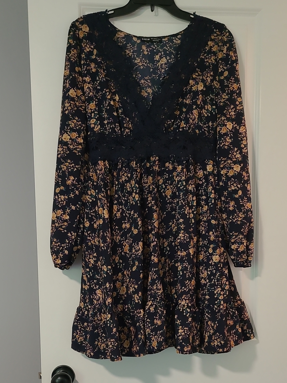 Floral Lace Trim Long Sleeve Dress - Navy and Mustard